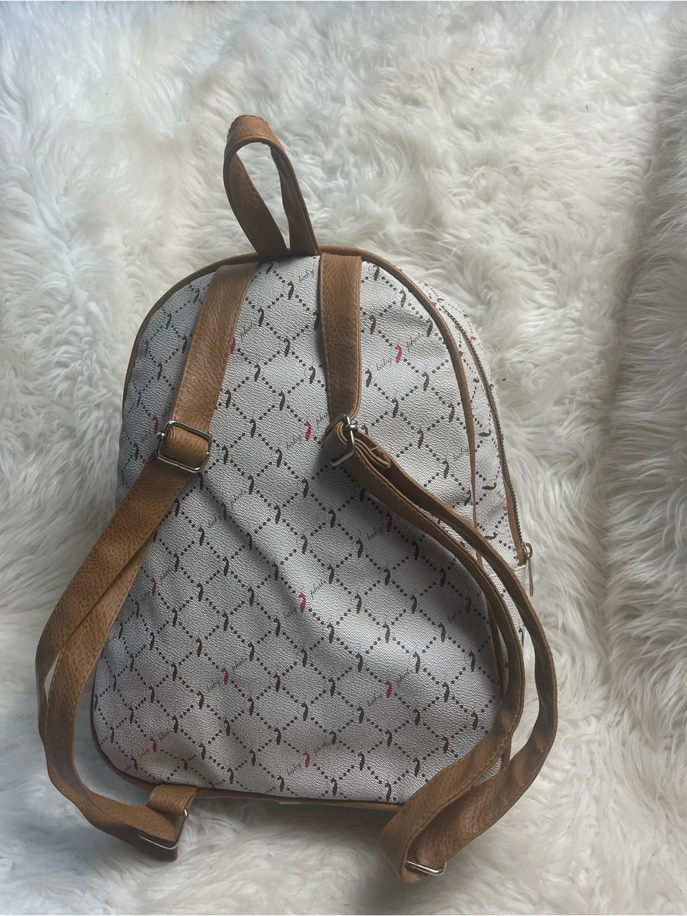Babyphat synthetic Beige Patterned Backpack with Brown Trim gold accent